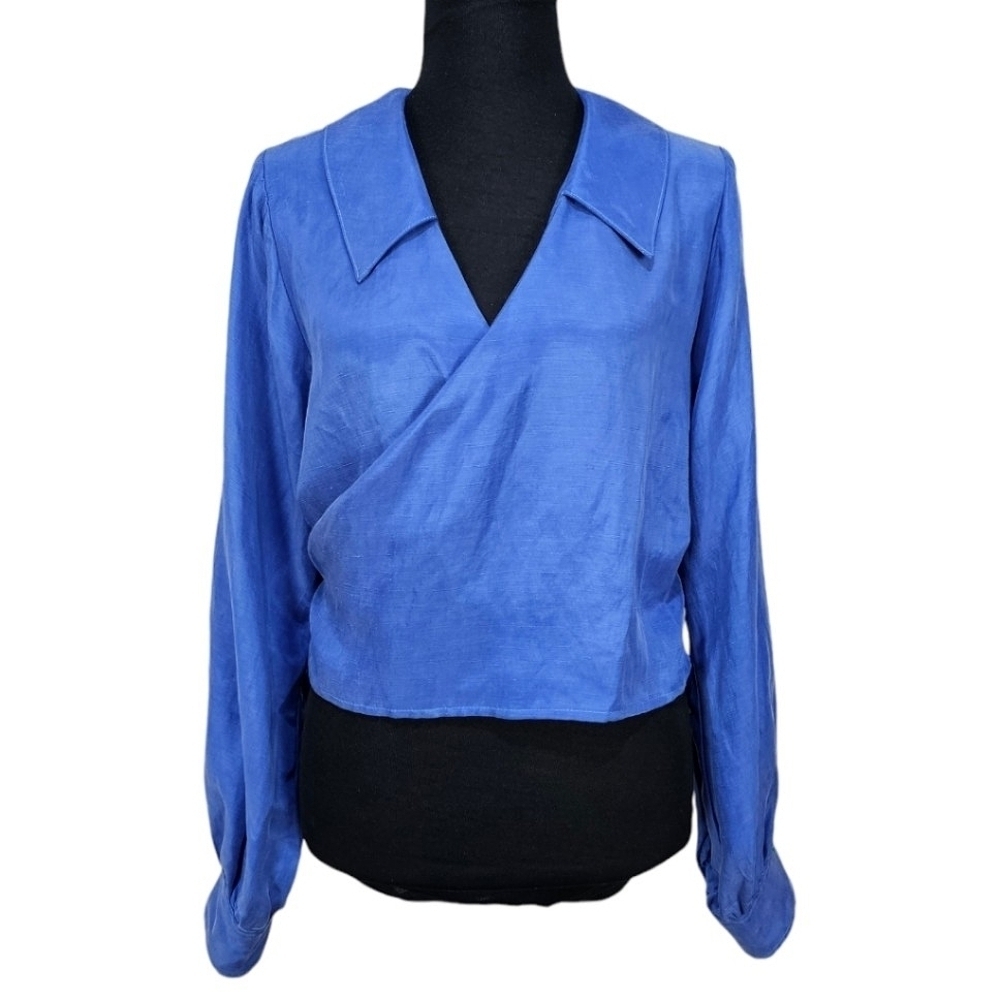R.G. Kane Linen Blend V-Neck Wrap Front Blouse Balloon Sleeve Blue Size Large - Picture 4 of 13